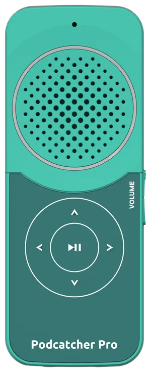 Podcatcher Pro front view — speaker grille, directional buttons, play/pause button, and volume controls.
