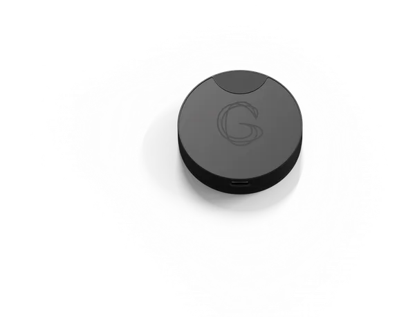 Beacon Pro — 3D render of the compact beacon device with Guide-ID logo.