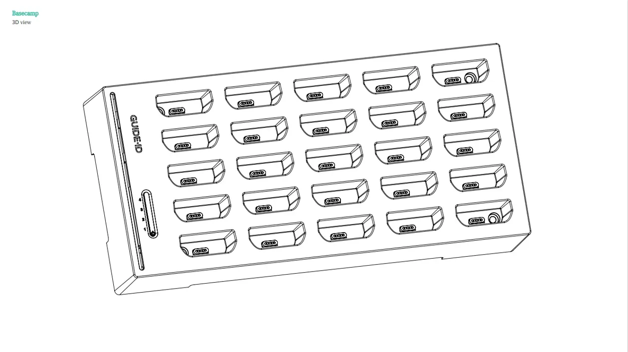 Basecamp — 3D view with the four status LEDs (1–4) on the left edge