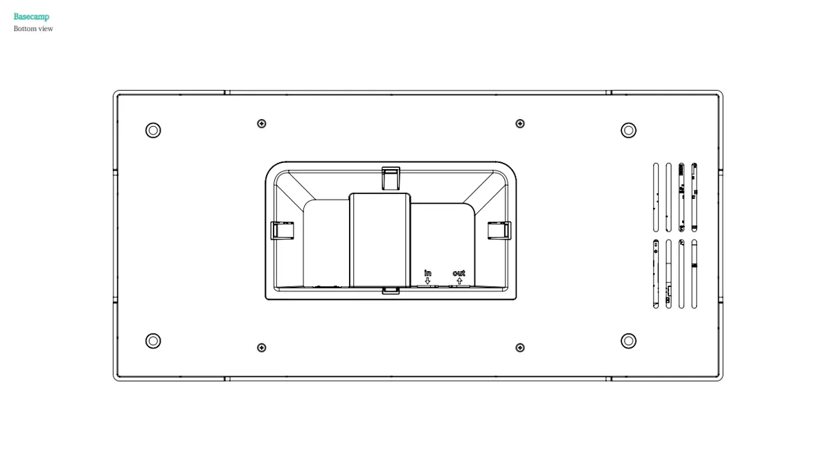 Basecamp bottom view — power connector and cable routing.