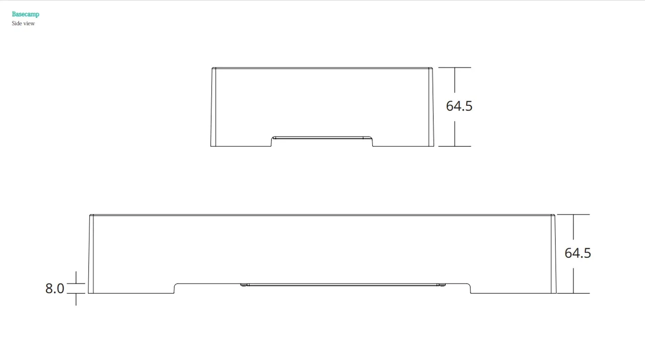 Basecamp side view with dimensions — 64.5 mm deep, 8.0 mm base.