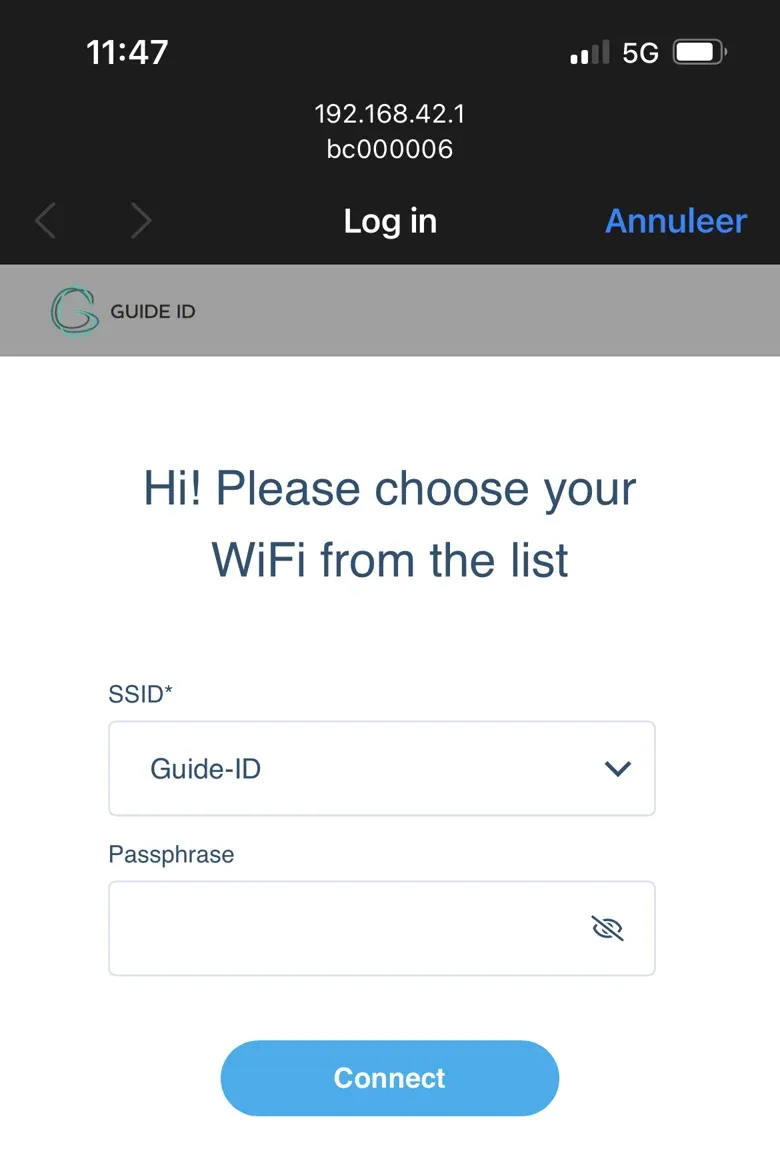 Basecamp hotspot configuration — select your WiFi SSID and enter the passphrase, then click Connect.