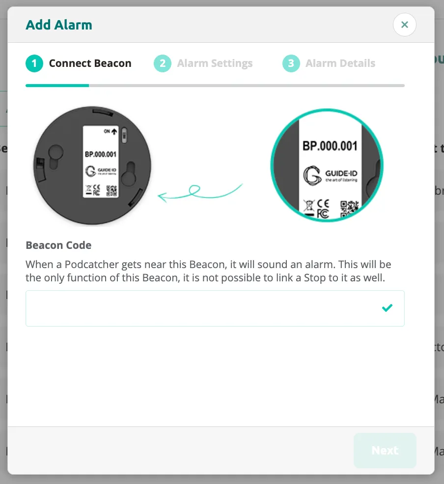 Add Alarm wizard step 1 showing device photos and beacon code input field.