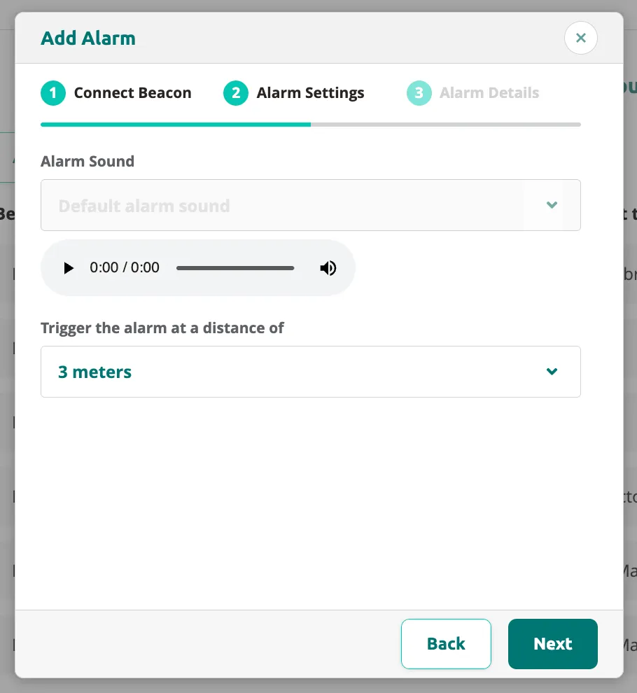Add Alarm wizard step 2 with alarm sound dropdown, play button, and trigger distance setting.