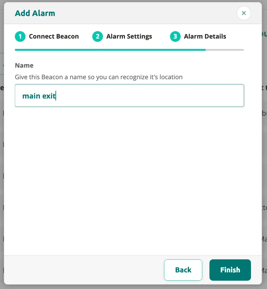 Add Alarm wizard step 3 with name field filled in as "main exit".