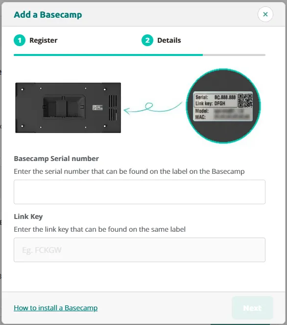 Add a Basecamp — step 1: enter the serial number and link key from the device label.