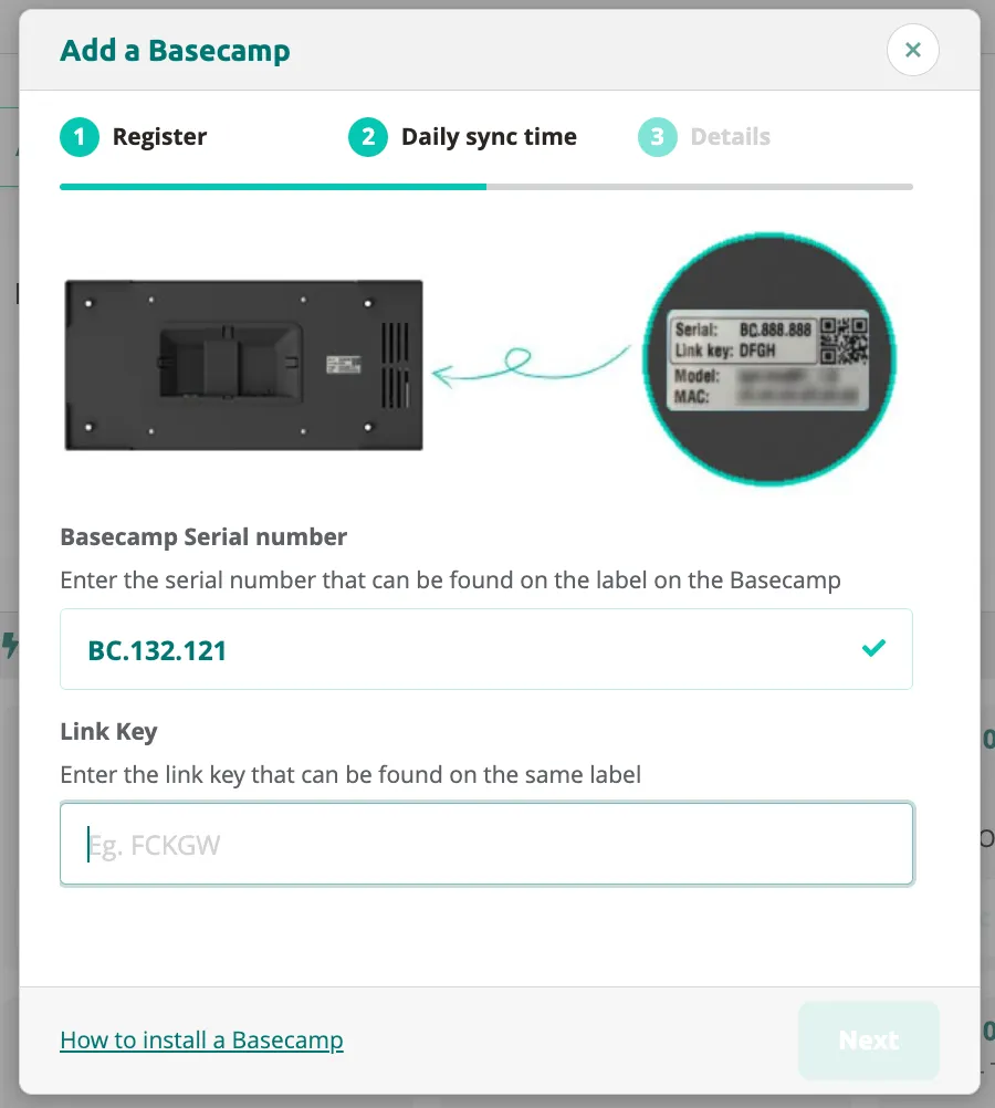 Add a Basecamp — step 1: enter the serial number and link key from the device label.