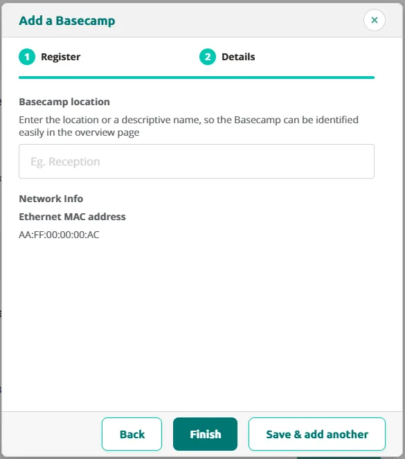 Add a Basecamp — step 3: enter a location name and view the network info.