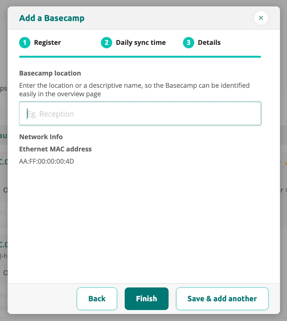 Add a Basecamp — step 3: enter a location name and view the network info.
