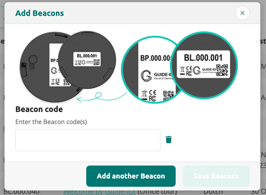 Add Beacons dialog showing Beacon Pro and Beacon Lite device photos with a beacon code input field.