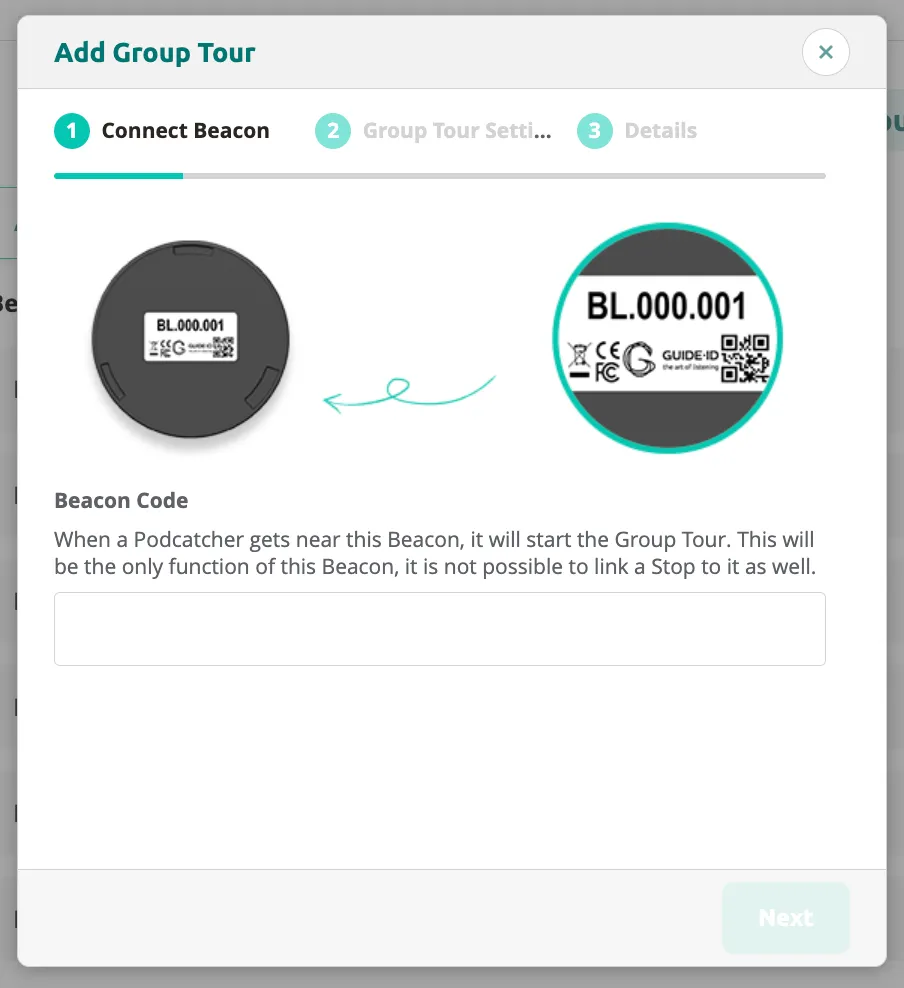 Add Group Tour step 1 showing device photos and beacon code input field.