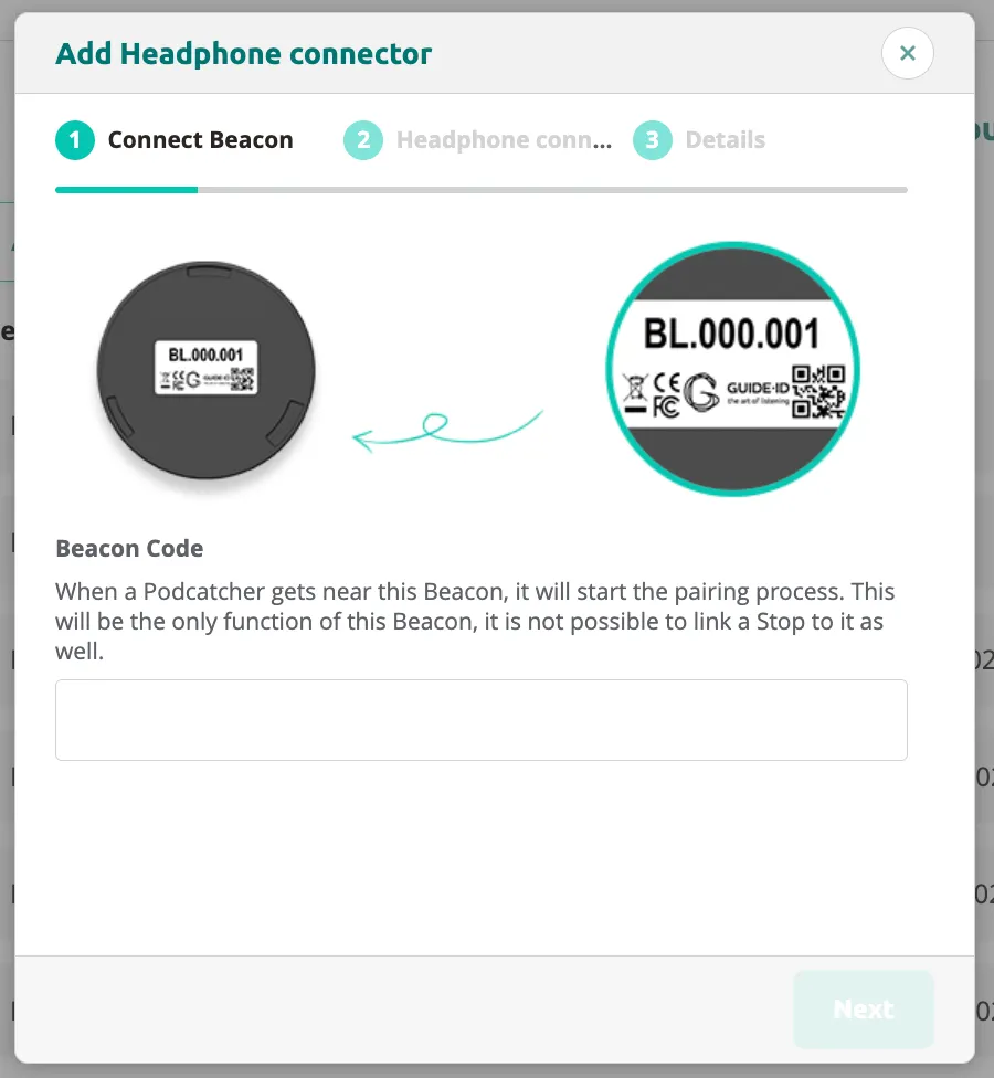Add Headphone connector step 1 showing device photos and beacon code input field.