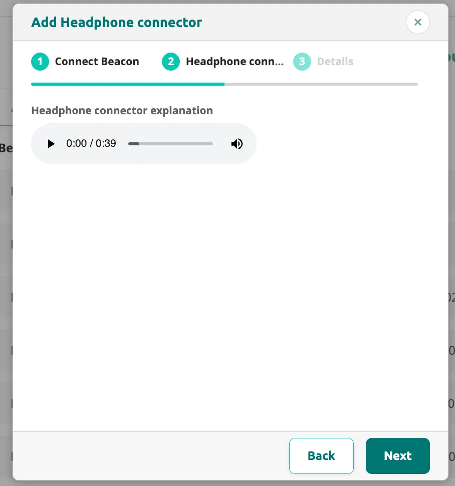 Add Headphone connector step 2 with audio explanation playback controls showing 0:39 duration.