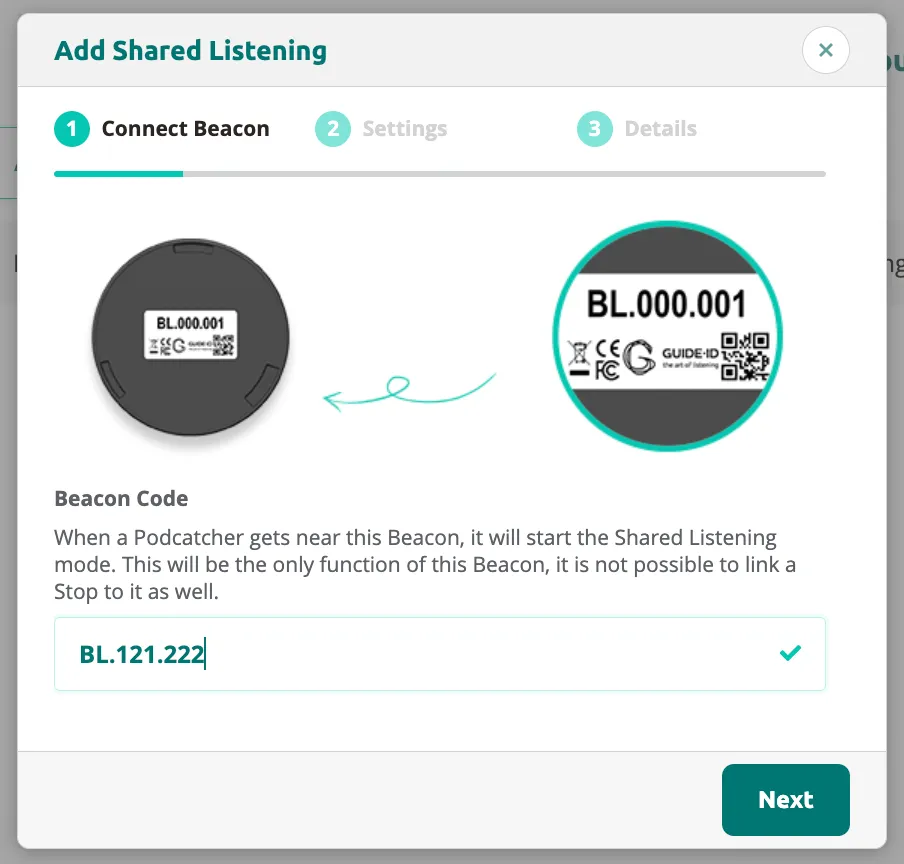 Add Shared Listening step 1 with beacon code "BL.121.222" entered.