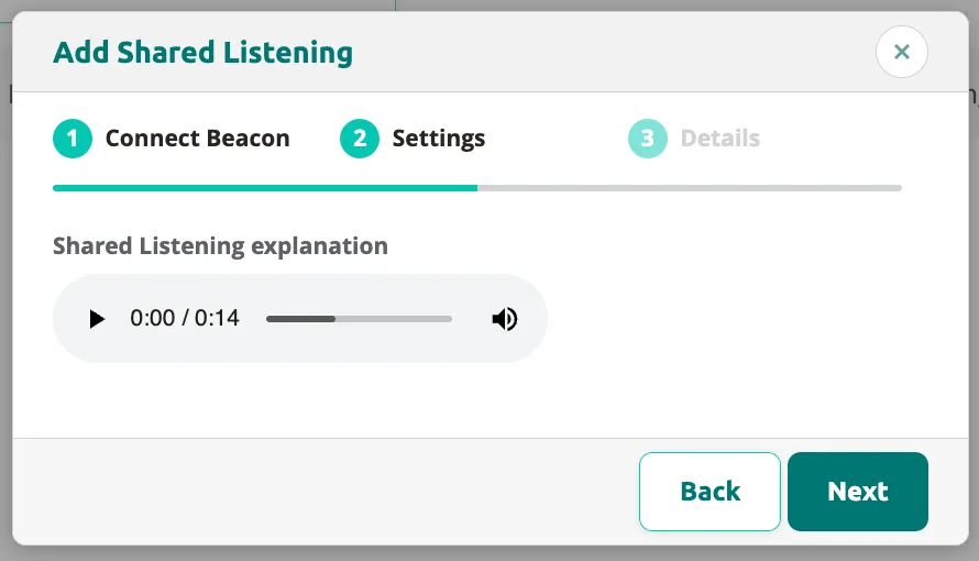 Add Shared Listening step 2 with Shared Listening explanation audio playback showing 0:14 duration.
