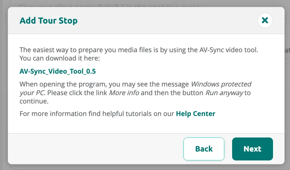 The "Add Tour Stop" dialog with "Audiovisual Sync Tour Stop" selected and a download link for the AV-sync video tool.