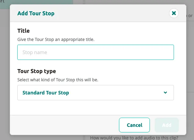 The Add Tour Stop dialog — enter a title and select the stop type.
