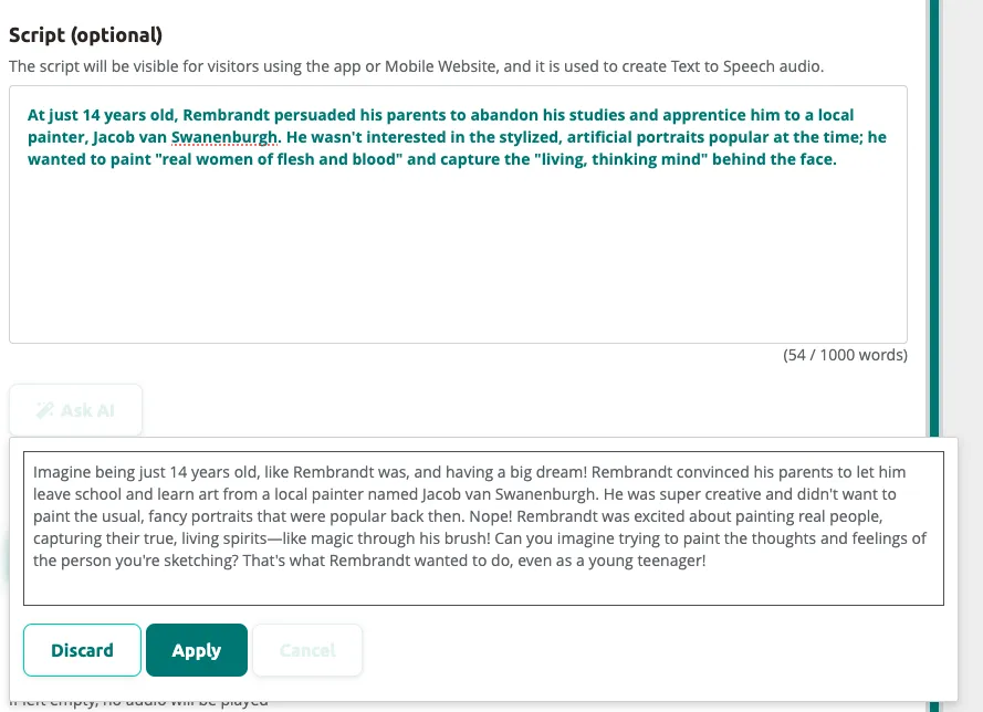 AI-generated text appears highlighted — review the changes before applying.