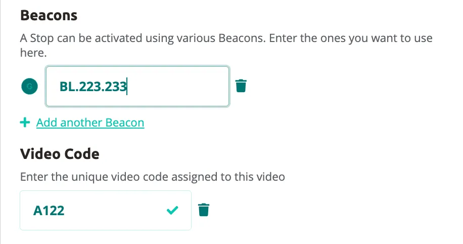 Beacons section showing beacon code "BL.223.233" paired with Video Code "A122" — a green checkmark indicates the code is valid.