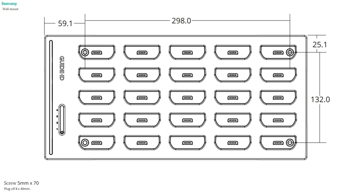 Basecamp wall mount dimensions — 298.0 mm × 132.0 mm mounting area, screw spacing 25.1 mm.