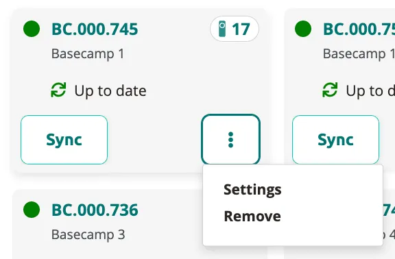 Single Basecamp card showing the three-dot menu with Settings and Remove options.