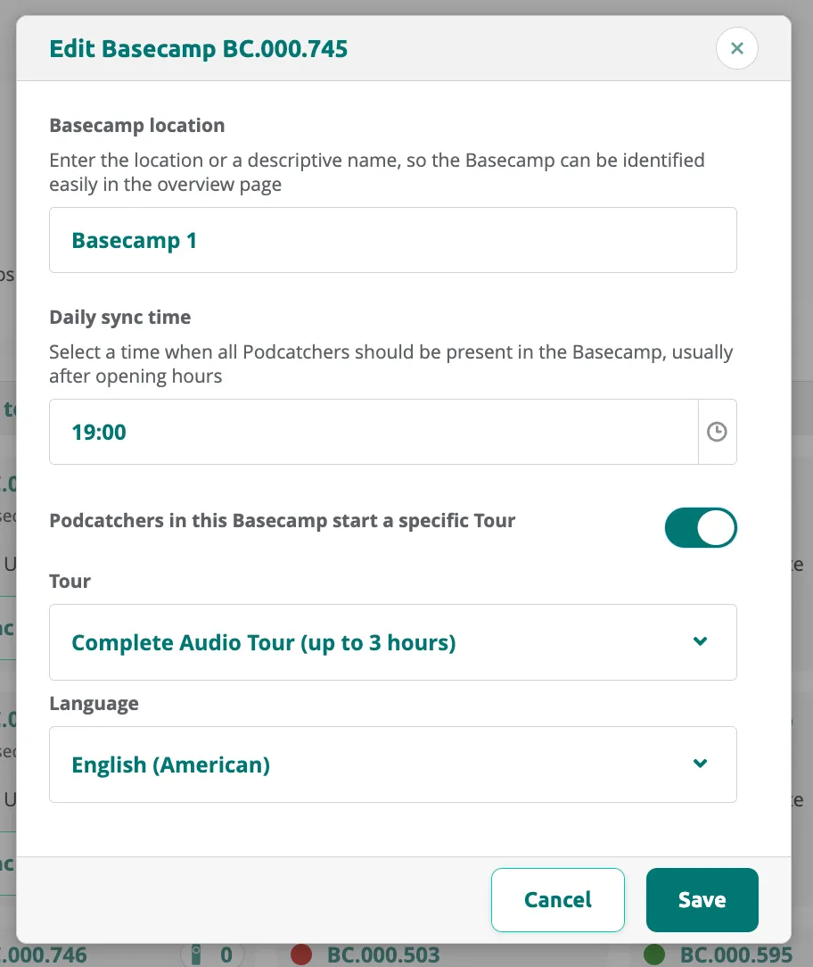 Edit Basecamp dialog with autostart toggled on, showing tour "Complete Audio Tour" and language "English (American)" selected.