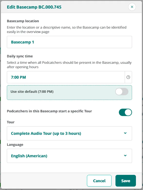 Edit Basecamp dialog with autostart toggled on, showing tour "Complete Audio Tour" and language "English (American)" selected.