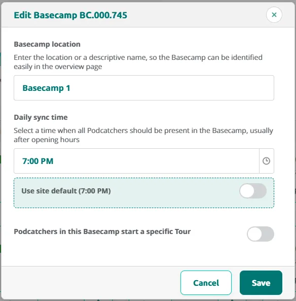 Edit Basecamp dialog showing location name, daily sync time set to 19:00, and autostart toggle switched off.
