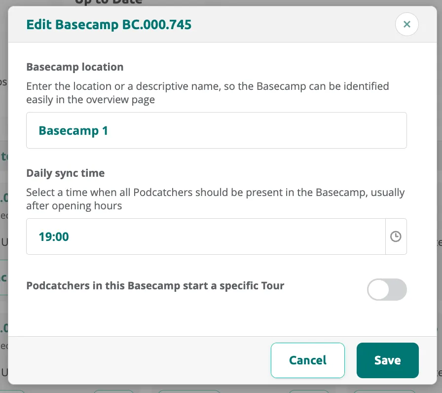 Edit Basecamp dialog showing location name, daily sync time set to 19:00, and autostart toggle switched off.
