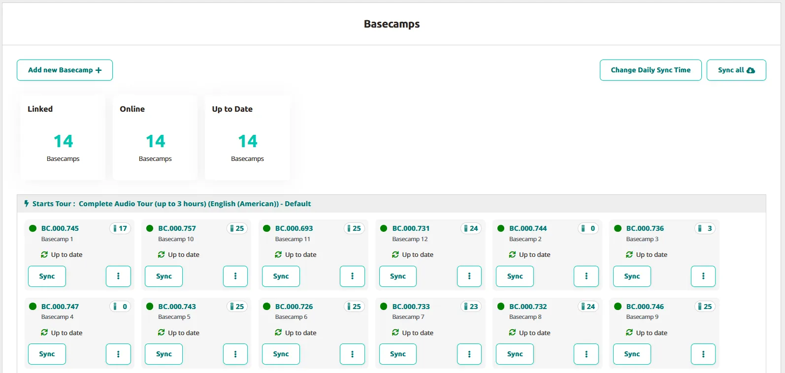 Basecamps listing page showing 14 units in a grid with autostart tour, serial numbers, sync status, and Podcatcher counts.
