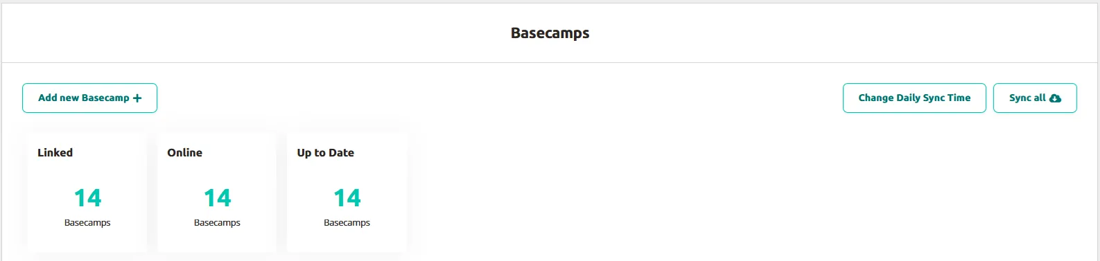 Basecamps overview — linked, online, and up-to-date status with Add new Basecamp and Sync all buttons.