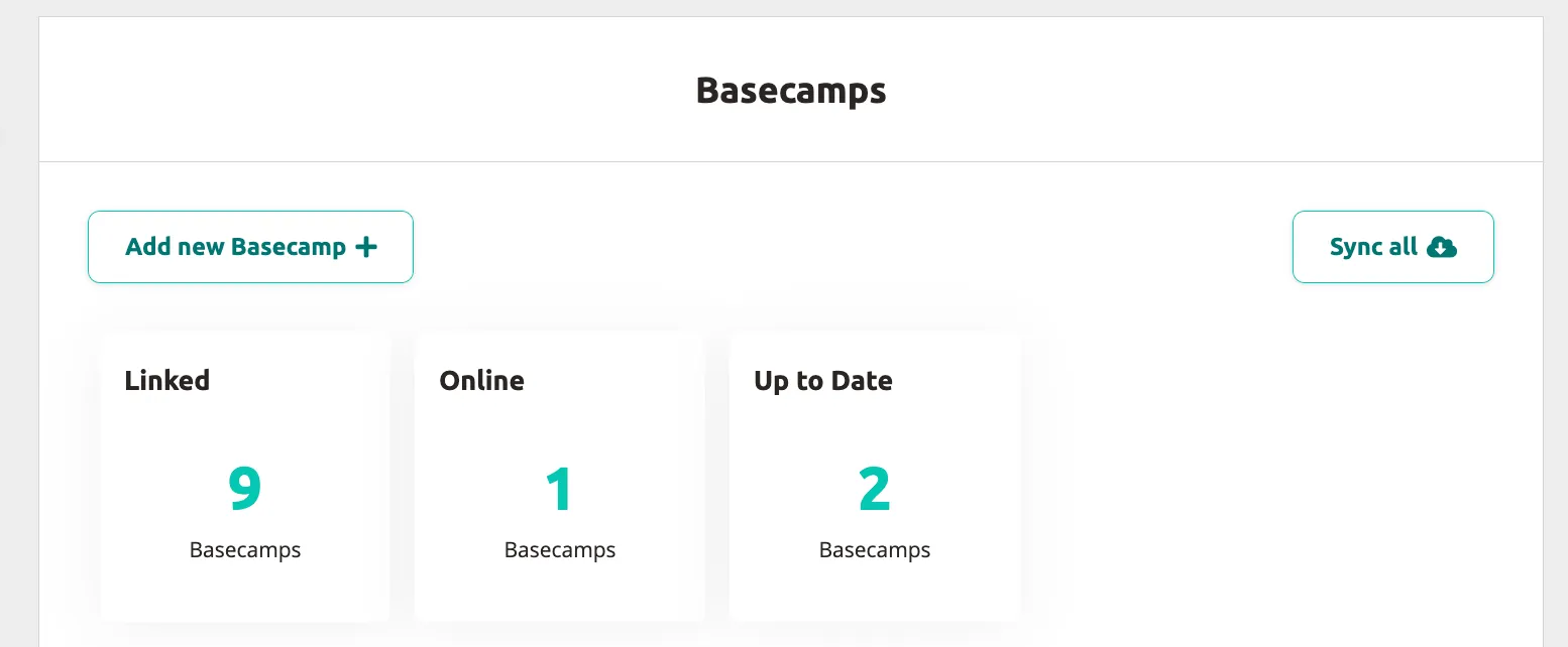 Basecamps overview — linked, online, and up-to-date status with Add new Basecamp and Sync all buttons.