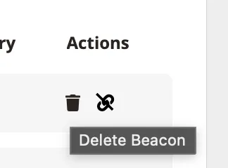 Actions column showing the delete beacon tooltip.