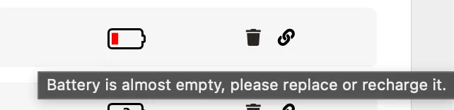 Battery tooltip warning that the battery is almost empty.