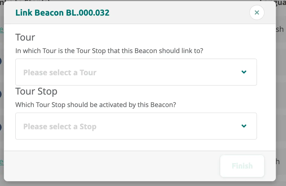 Link Beacon dialog with empty tour and stop dropdown fields.