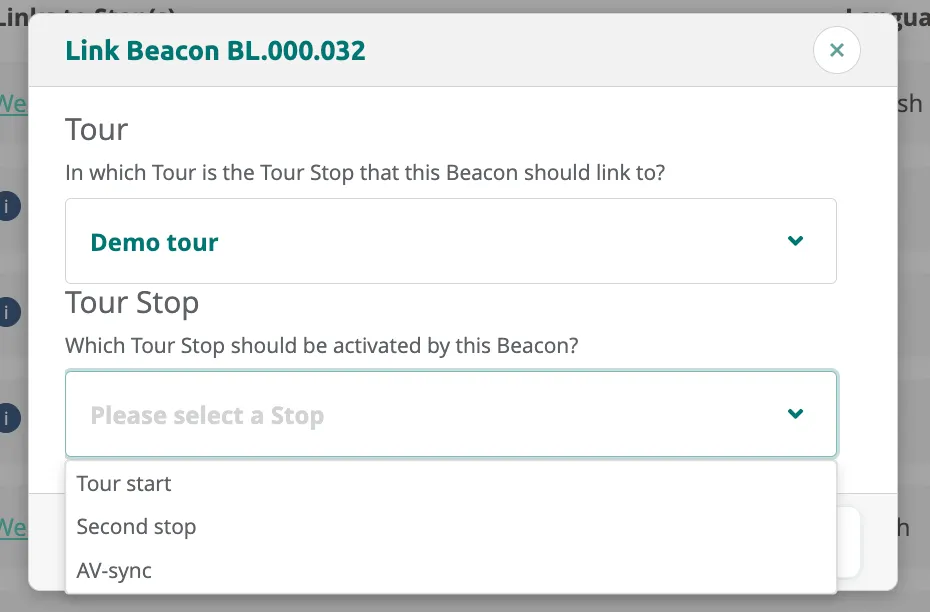 Link Beacon dialog with "Demo tour" selected and stop dropdown showing available stops.