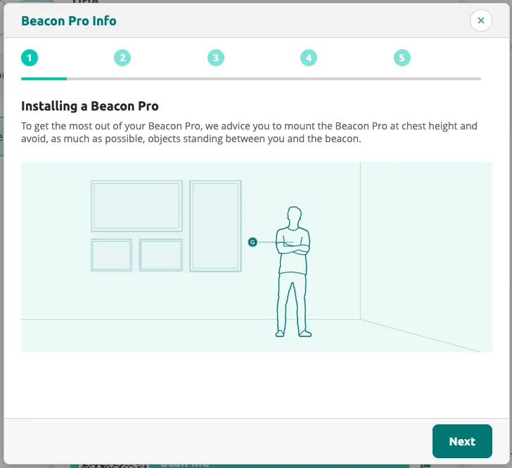 Beacon Pro Info — mount the Beacon Pro at chest height and avoid objects between the visitor and the beacon.