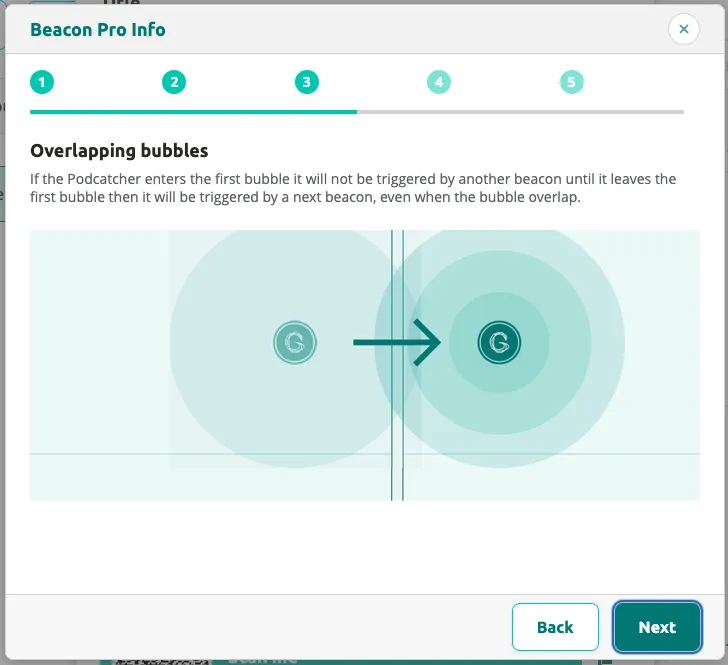 Beacon Pro Info — overlapping bubbles: the Podcatcher only triggers on the next beacon after leaving the first bubble.