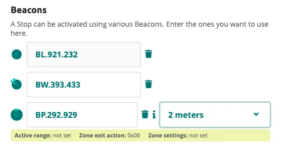 Multiple beacons on a stop — Beacon Lite, Beacon Lite Waterproof, and Beacon Pro with a 2-meter zone.