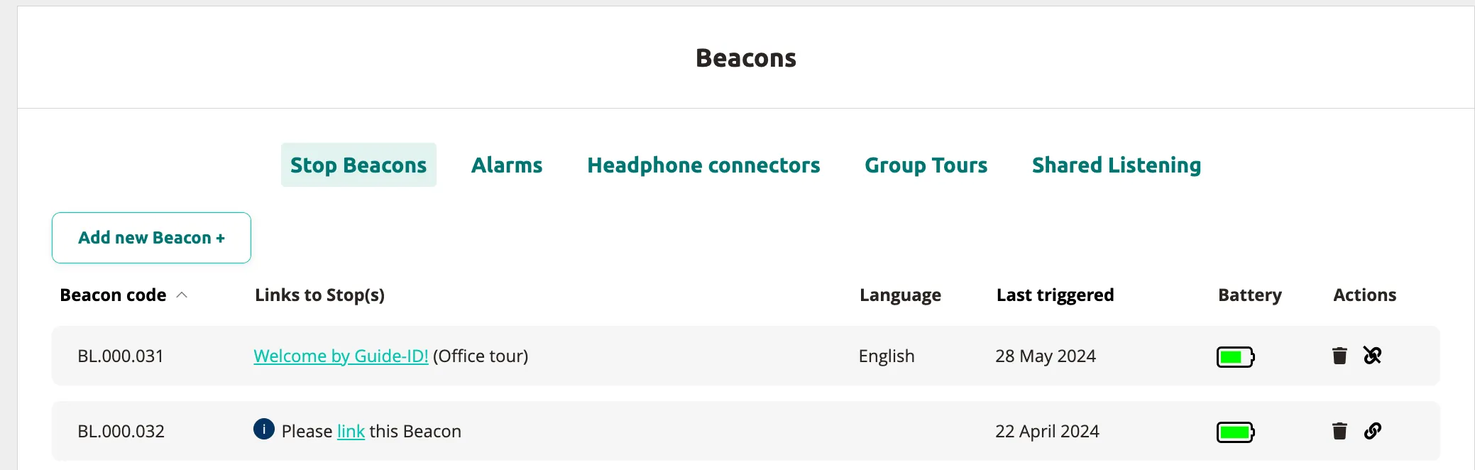 Beacons page showing the Stop Beacons tab with a list of beacons including code, linked stop, language, last triggered, battery, and actions columns.