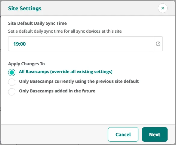 Site settings popup first step.