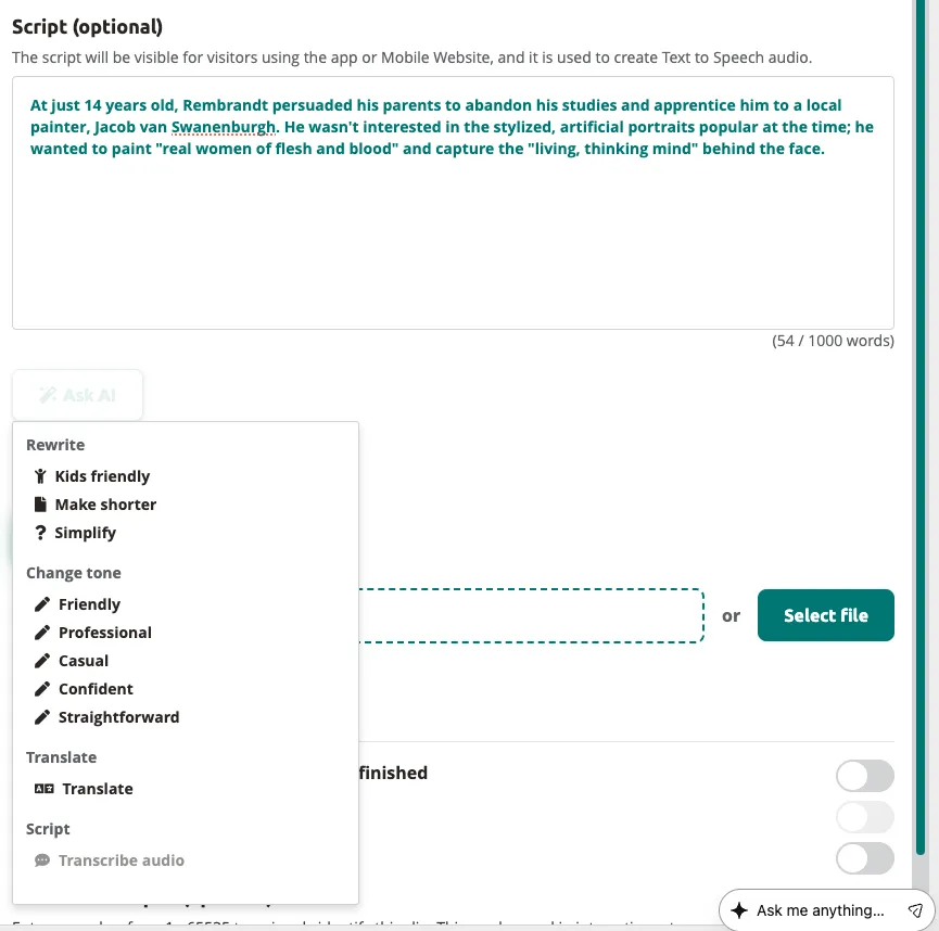 The clip editor — enter your script and choose between Upload File or Text to Speech for audio.