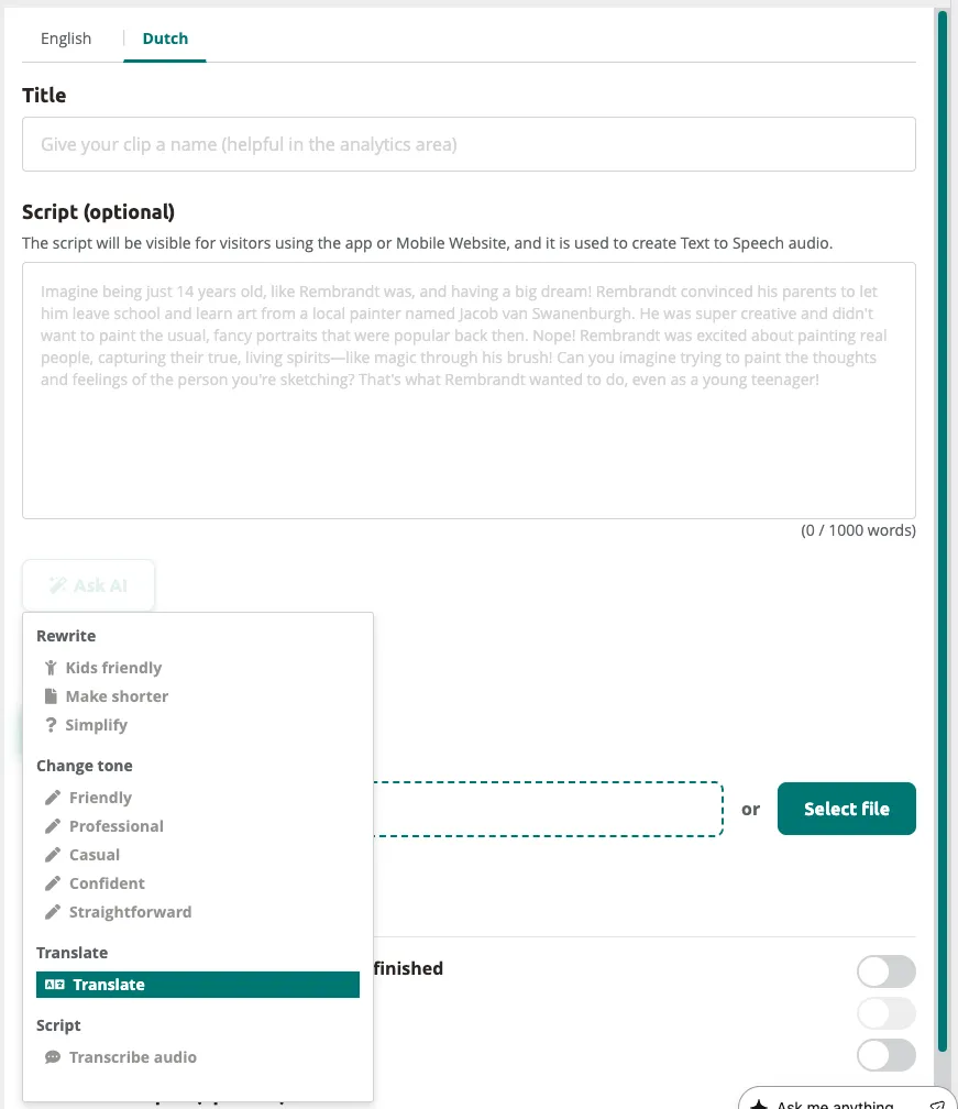 Clip editor with the Dutch translation tab — showing translated content and "Finished" status.