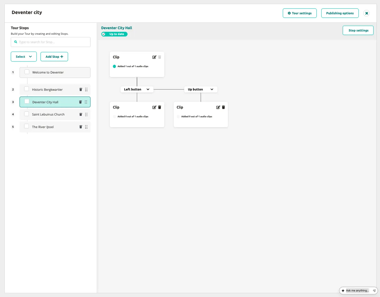 The Tour Editor clip flow — a stop with multiple clips connected via button choices (Left, Up).