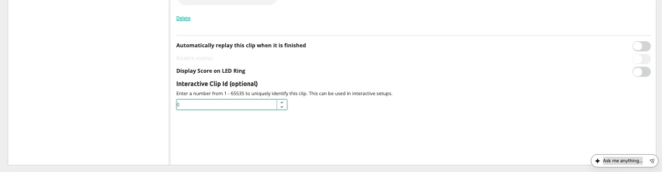 Clip settings in the CMS — the Interactive Clip Id field at the bottom uniquely identifies this clip for interactive setups.