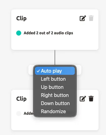 Connection type dropdown — Auto play, Left button, Up button, Right button, Down button, or Randomize.