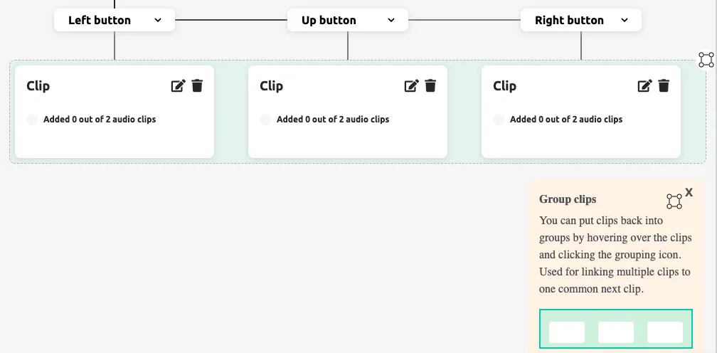 The Group clips tooltip — hover over clips and click the grouping icon to link branches to a common next clip.