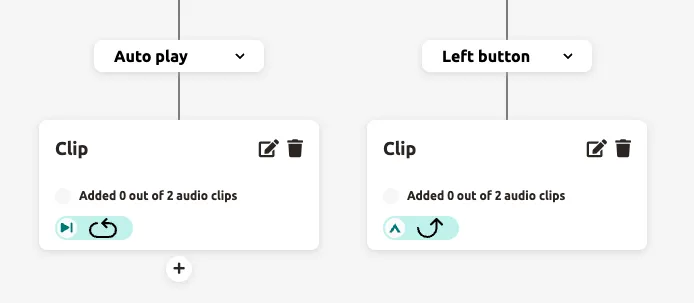 Clip icons show the connection type at a glance — auto-play (triangle) and button triggers (arrow icons).