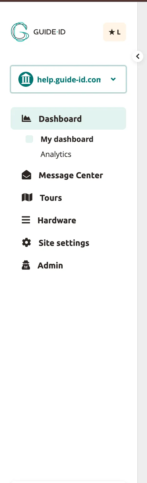 The Platform sidebar — navigate between Dashboard, Message Center, Tours, Hardware, Site settings, and Admin.