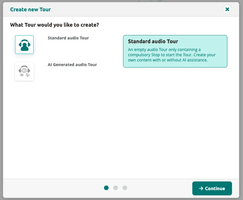 Step 1 — choose between a Standard audio tour or an AI Generated audio tour.